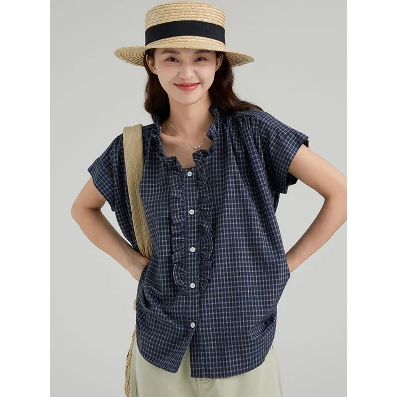 

Женская летняя новая рубашка в клетку с коротким рукавом, повседневная свободная блузка с воротником-рюшами