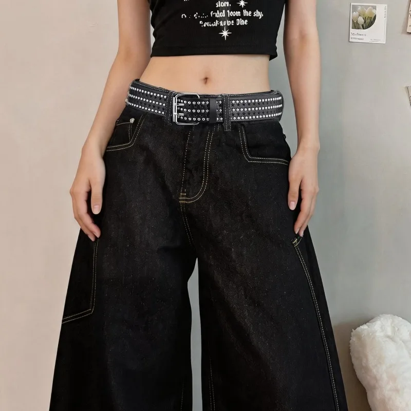 Trendy Punk Hip-Hop Belt with Unique Pin Buckle Five-Pointed Star Eyelets and Claw Beads Denim-Style Pin Buckle Women’s Belt