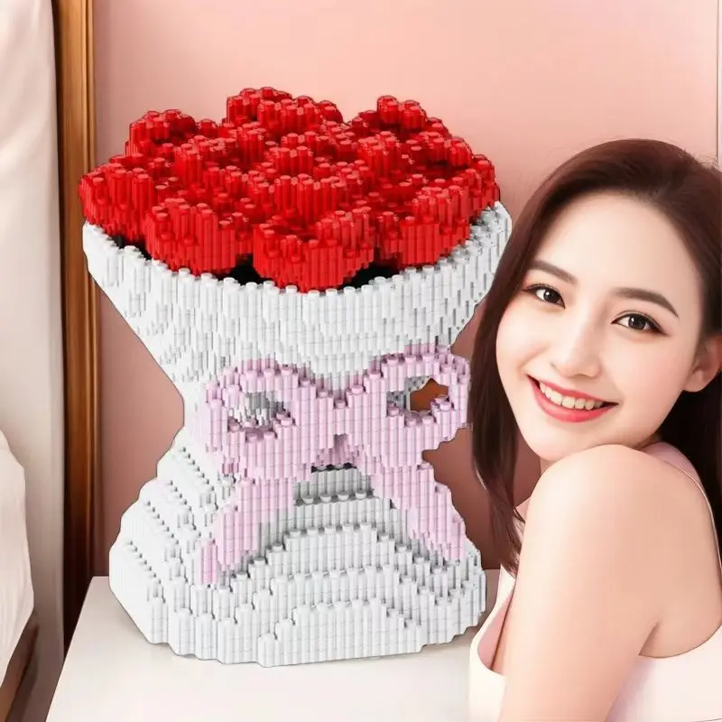 Romantic Valentine's Day Gift Red Rose Bouquet Small Particles Building Block Puzzle Boy Girl Series