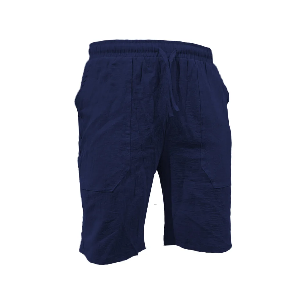 2024 Men summer cotton linen shorts draw rope elastic waist straight leg solid color breathable beach five casual medium pants