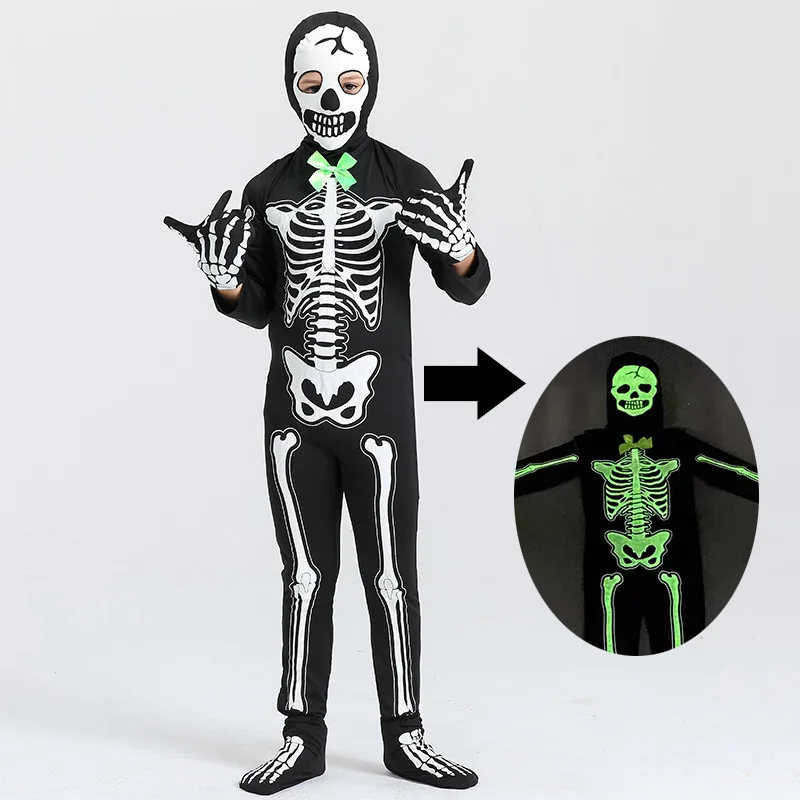 Kid's Skeleton Costume Halloween Terror Clothes Noctilucent Effect Boys Girls Party Suit Stage Performance Costume Outfit Fancy