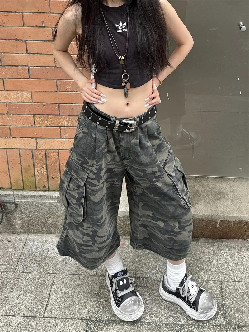 Women\'s Camouflage Cargo Jeans Harajuku Y2k Baggy Denim Trousers 90s Aesthetic Jean Pants Vintage 2000s Emo Trashy Clothes 2024