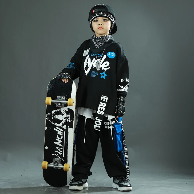 

New Boys Hip Hop Dance Clothes Set Black Sweatshirt Casual Pants Baggy Street Wear Group Jazz Practice Clothing Performance Suit
