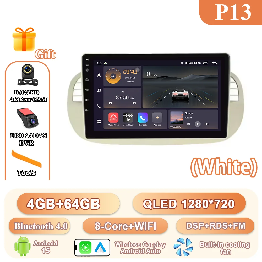 9 ''Android 15 Autoradio Stereo Voor Fiat 500 2007-2015 Auto GPS Navigatie Stuurbediening Multimedia Carplay 4G + WIFI