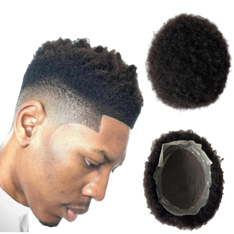 AUS Toupee 8x10 Lace with PU Unit Indian Virgin Human Hair Hairpieces #1b Black Color 4mm Root Afro for Black Men