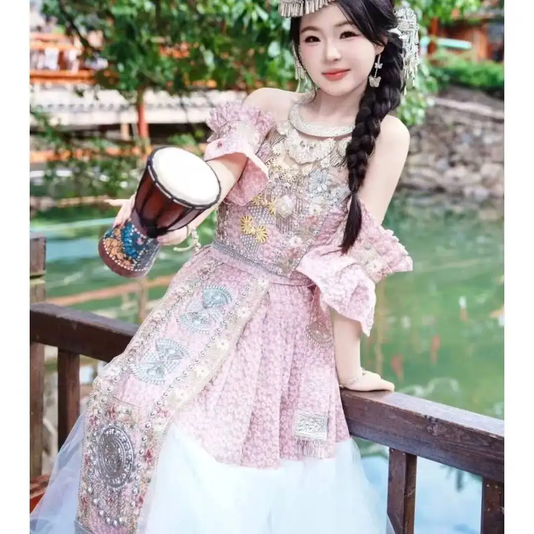 Elegant Hmong Costume Women's Traditional Ethnic Minority Clothing Ancient Chinese Hanfu Summer Beach Party Dance suit Hmong
