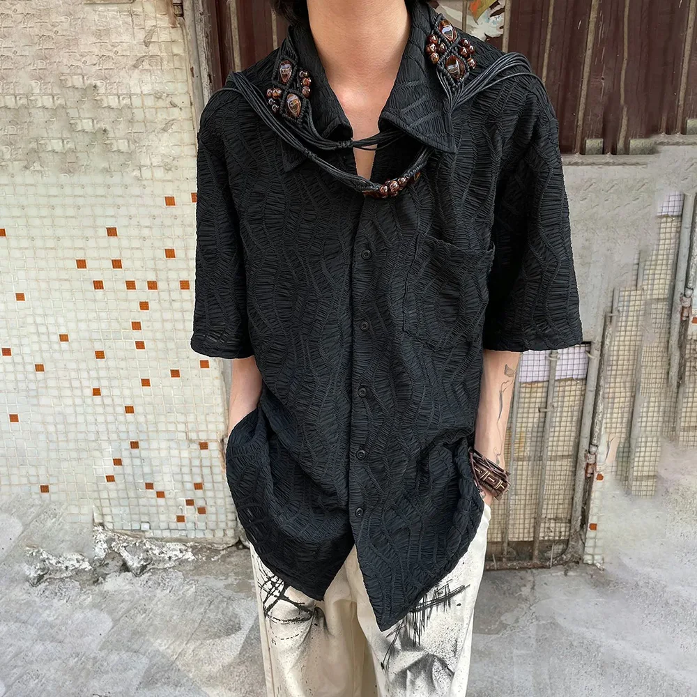 Fashion Streetwear Retro Pleated Short Sleeve Shirt Summer New Cuban Collar Jacquard Shirts Top LGBT Solid Unisex Button Blouse