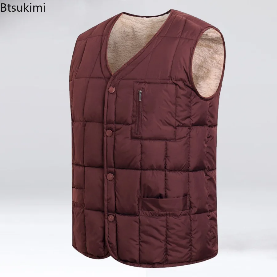 Autumn Winter Men's Thicken Warm Vest Sleeveless V-neck Jackets Fashion Lightweight Casual Waistcoats Men Loose Down Cotton Vest