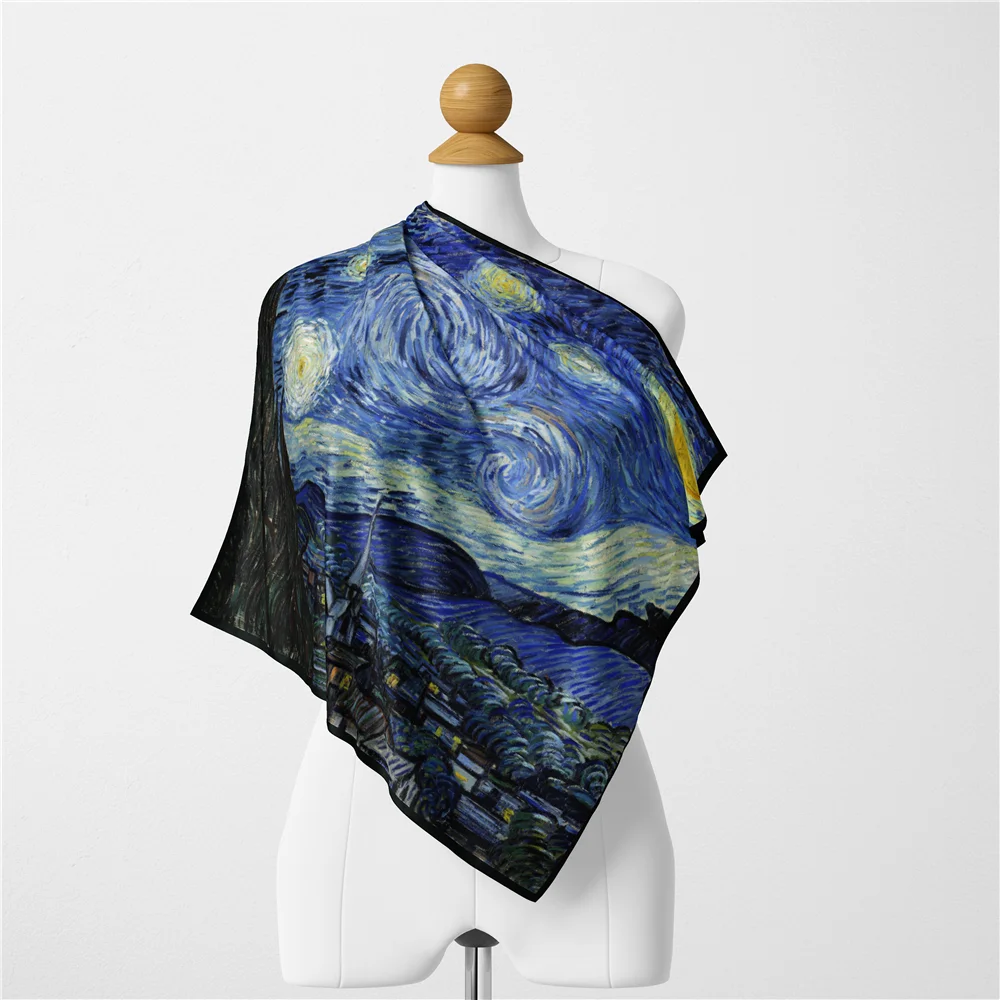 53cm Summer Cool Decoration New Van Gogh Oil Painting Series Starry Sun Ladies Temperament Small Square Scarf Twill Kerchief