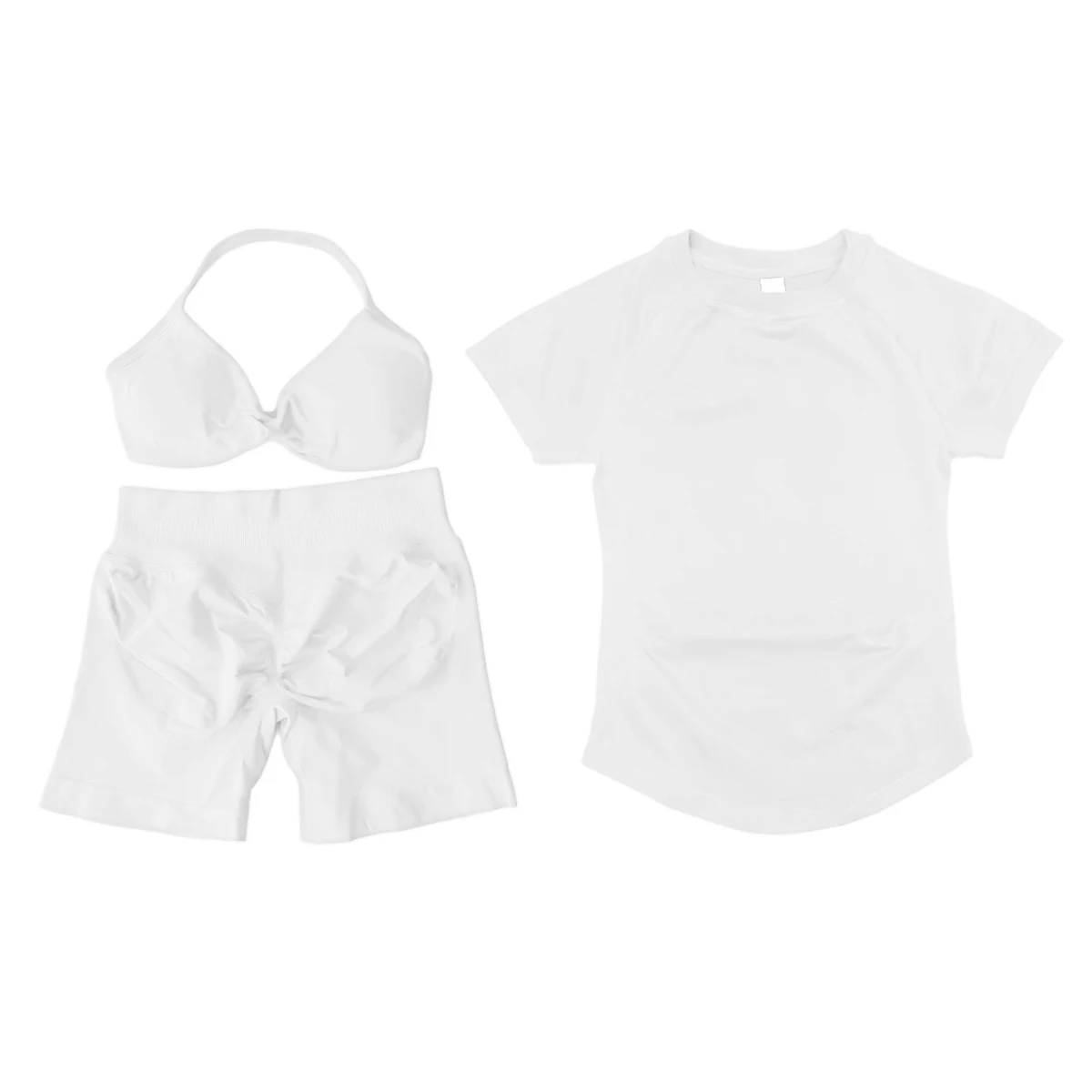 3-delige gymset voor dames: naadloze top met korte mouwen, scrunch gymshorts & sport bh met bandjes, workout pak, gymkleding