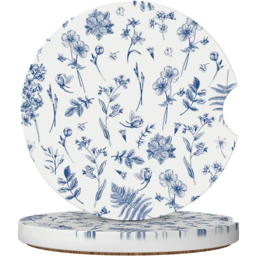 

Vintage Blue Flower Car Coasters for Cup Holder Absorbent Ceramic Cup Coaster 2 Pack Anti Slip Car Interior Accessories with Fi