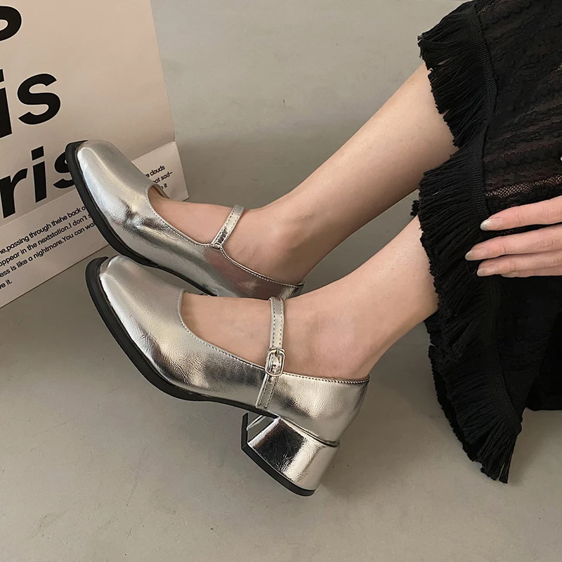 Rimocy Red Med Heels Mary Jane Shoes for Women Square Toe Ankle Buckle Pumps Woman Pu Leather Thick Heeled Party Shoes Ladies