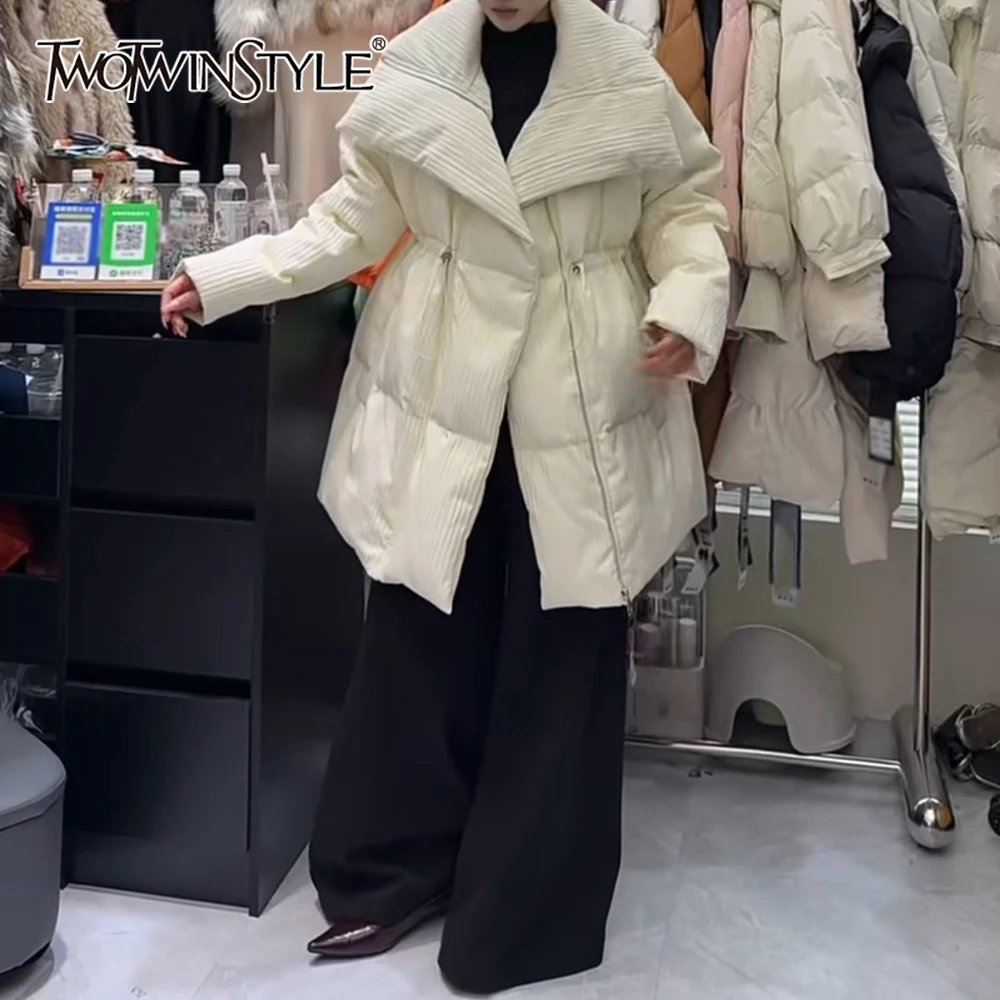 

TWOTWINSTYLE Solid Spliced Drawstring Jacket Female Lapel Long Sleeve Loose Basics Streetwear Women's Jackets Winter Fashion New