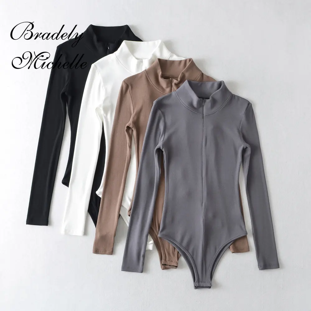 Women's Slim Sexy Standing Collar Zipper Long Sleeve Jumpsuit Solid Pullover Fit Knit Top Bodysuit