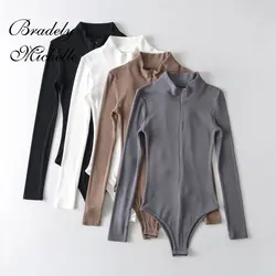 Women's Slim Sexy Standing Collar Zipper Long Sleeve Jumpsuit Solid Pullover Fit Knit Top Bodysuit