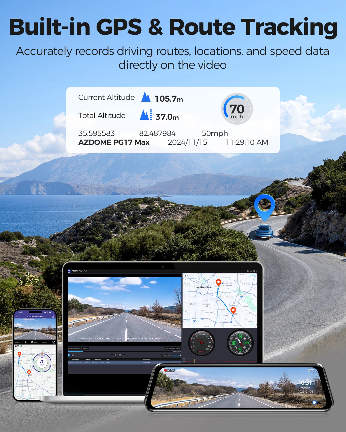 AZDOME PG17 MAX 4Kミラーダッシュカム 前後2.5Kリアカメラ 5.8G WiFi