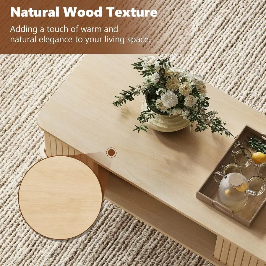 Coffee Table with Storage Center Table for Living Room Rectangle Coffee Table with Rounded Edges,Easy Assembly, Natural Wood