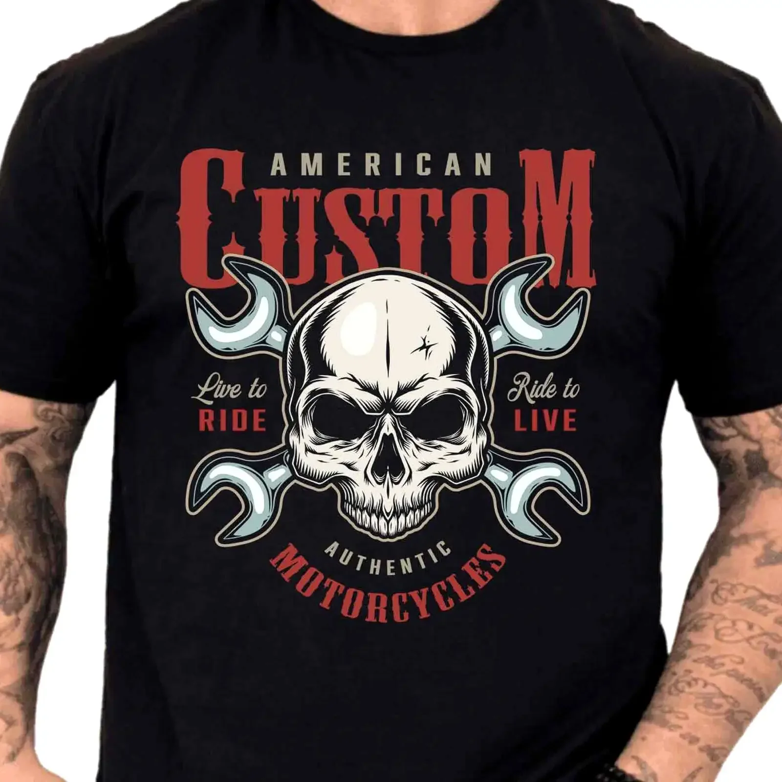 Custom Motorcycle T Shirt Skull Wrench Biker Garage Mechanic  vintage Washed Stylish Stretched homme Casual Slightly streetwear