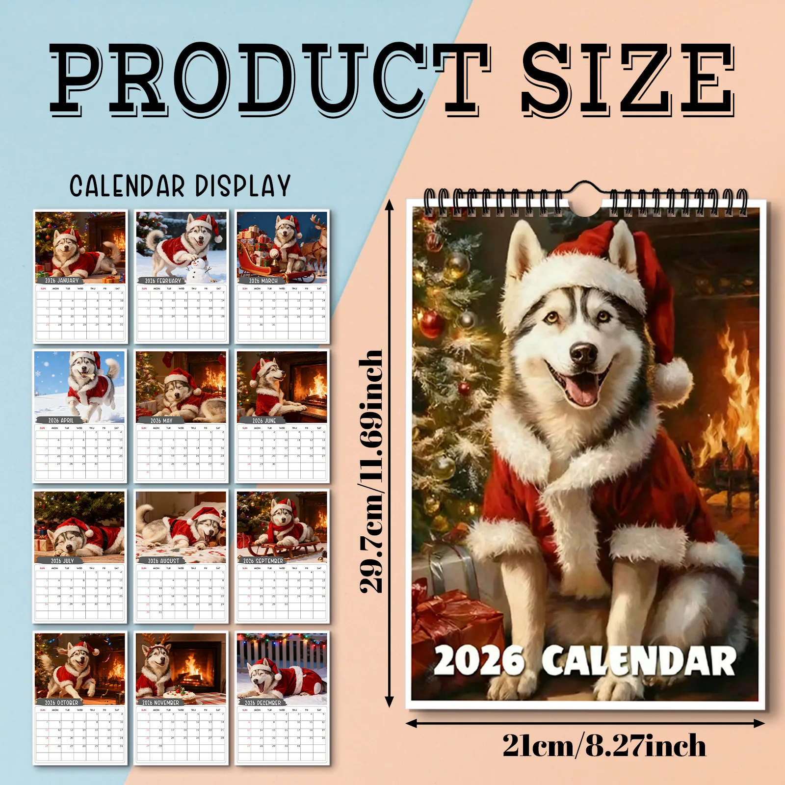ปฏิทินแบบเกลียว 1 ชิ้น ปี 2026 ลายธีมซานต้าฮัสกี้ เหมาะสำหรับตกแต่งผนังห้องนั่งเล่นที่บ้าน ตกแต่งสำนักงาน เหมาะสำหรับเป็นของขวัญในช่วงเทศกาล
