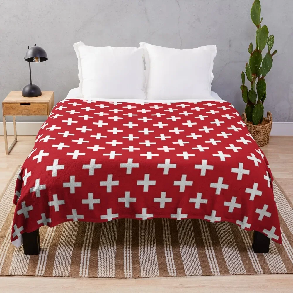 Crosses Criss Cross Swiss Cross Hygge Scandi Plus Sign Red and White Throw Blanket Tourist Designers Decorative Throw Blankets