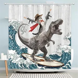 Funny Cat Riding Dinosaur Shower Curtains Cute Animal Sea Waves Surfboard Creative Kids Bath Curtain Set Fabric Bathroom Decor