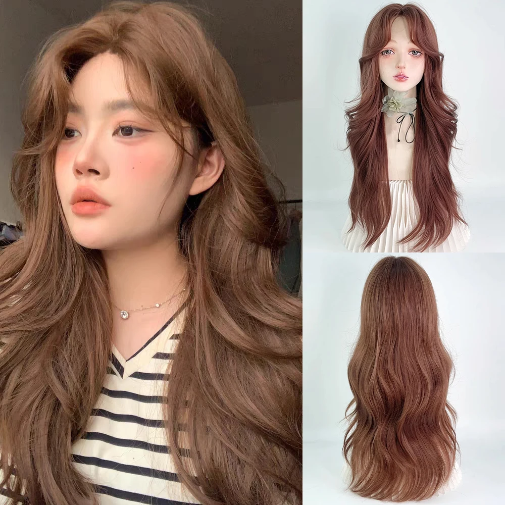 

VICWIG Lace Synthetic Wavy Long Brown Wig with Bangs Fluffy Lolita Cosplay Women Hair Wig for Daily Party