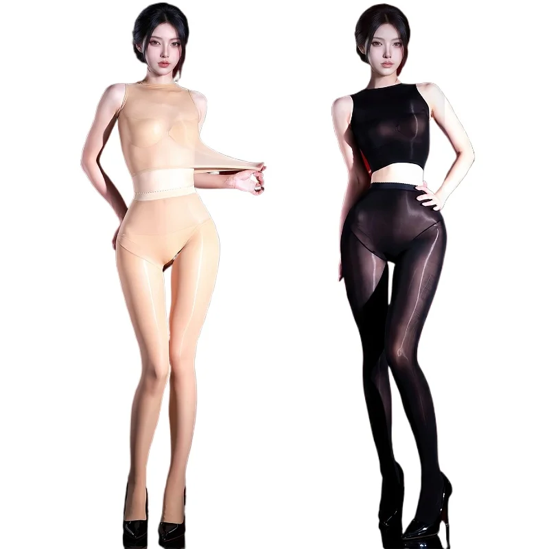 Women Lingerie Suit Tank Tops Stockings Oil Shiny Glossy Transparent Elastic Socking Tights With Vest Pantyhose Two Pieces Sets