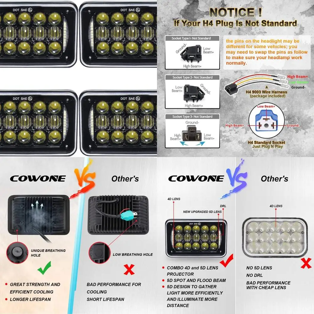 

Прямоугольные светодиодные фары 60 Вт 4X6 дюймов для H4651 H4652 H4656 H4666 H6545 Freightliner Kenworth Peterbilt International Volvo St