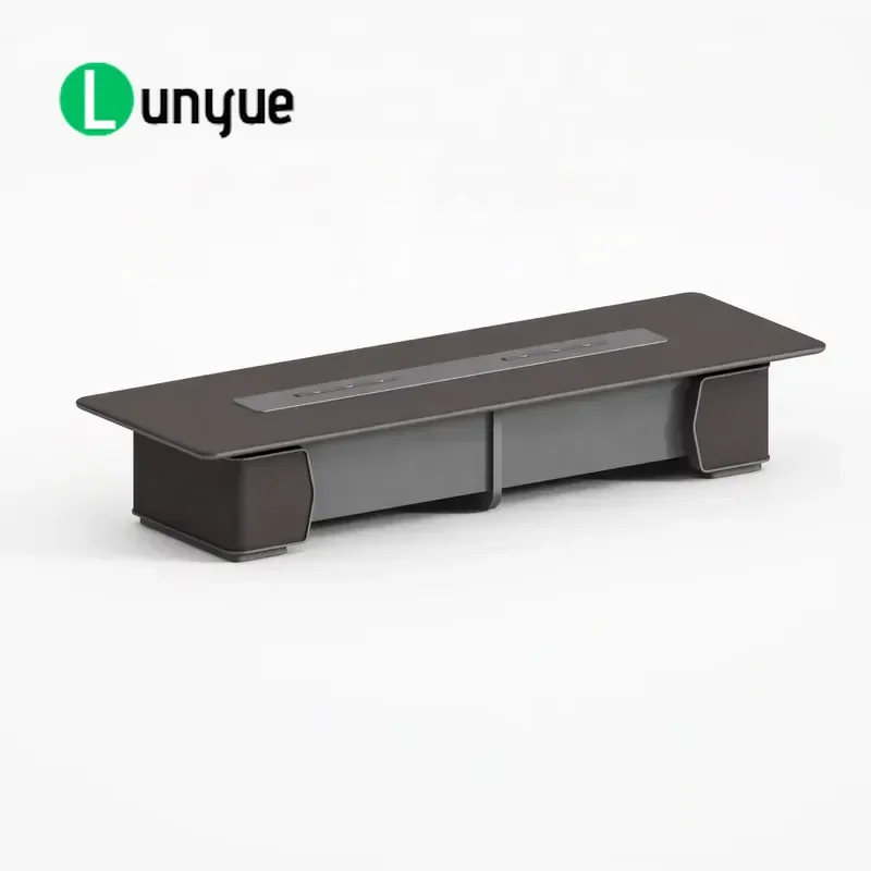 Modern Conference Table 6cm Thick E0 HDF Top Embossed Wood Grain Pedestal Base with US EU Standard Sockets Cable Box for