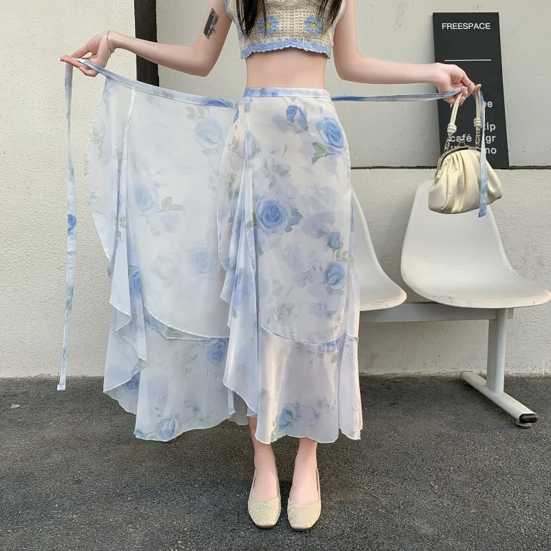 

Женская цельная шифоновая юбка на шнуровке, летние каникулы, свежий нежный ветер, оборки с принтом, набедренная юбка, пляжные юбки миди Faldas