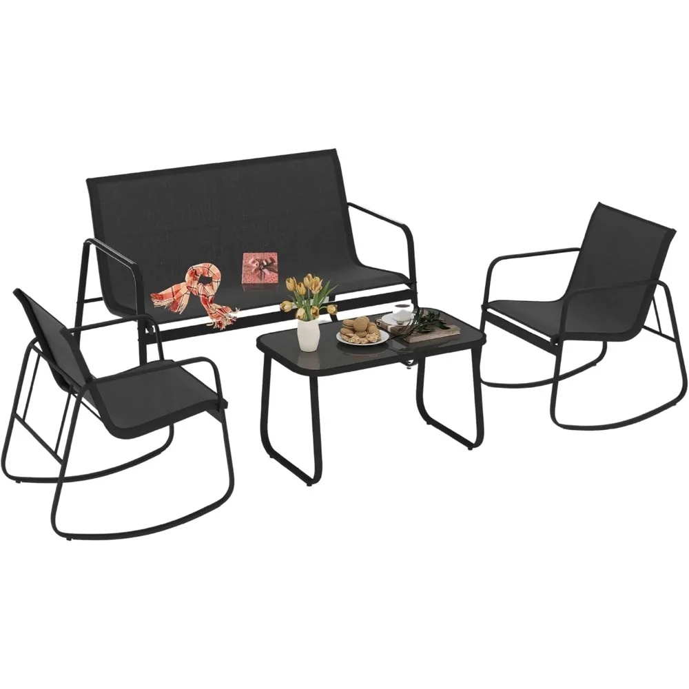 

4-Piece Patio Furniture Set, Textilene Conversation Set with 2 Rocking Chairs and Tempered Glass Coffee Table, Ideal for Indoor