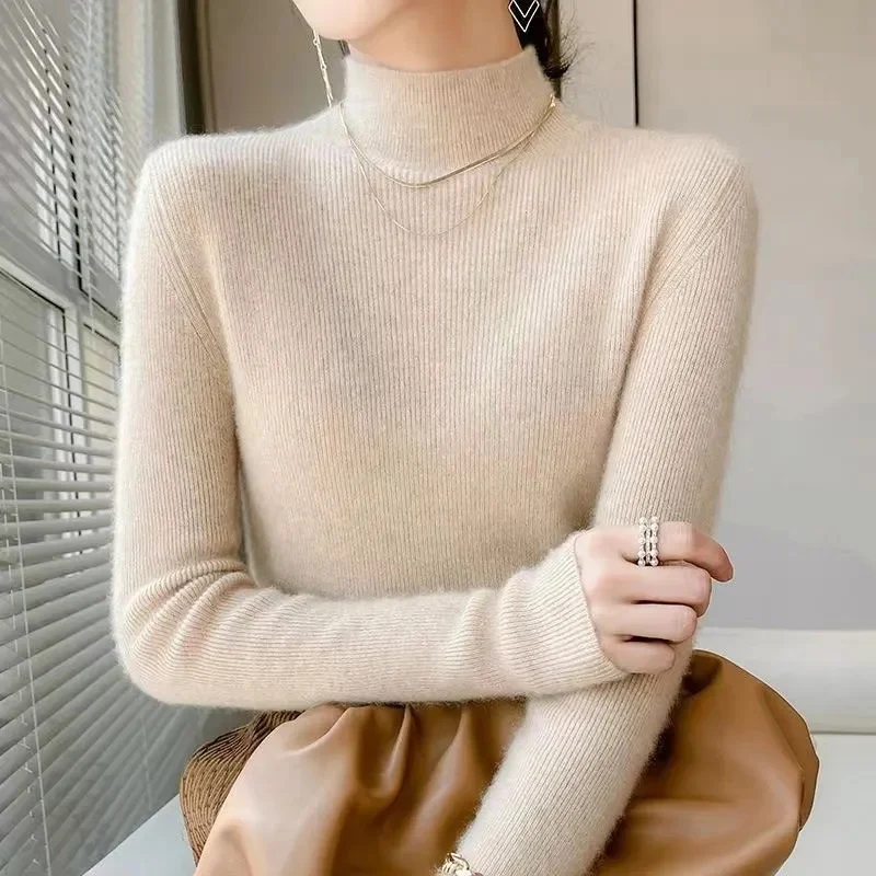 

Lady Solid Color Pullover Knitting Women Versatile Large Size 4XL Knitwear Autumn Winter Female Half High Collar Woolen Sweater