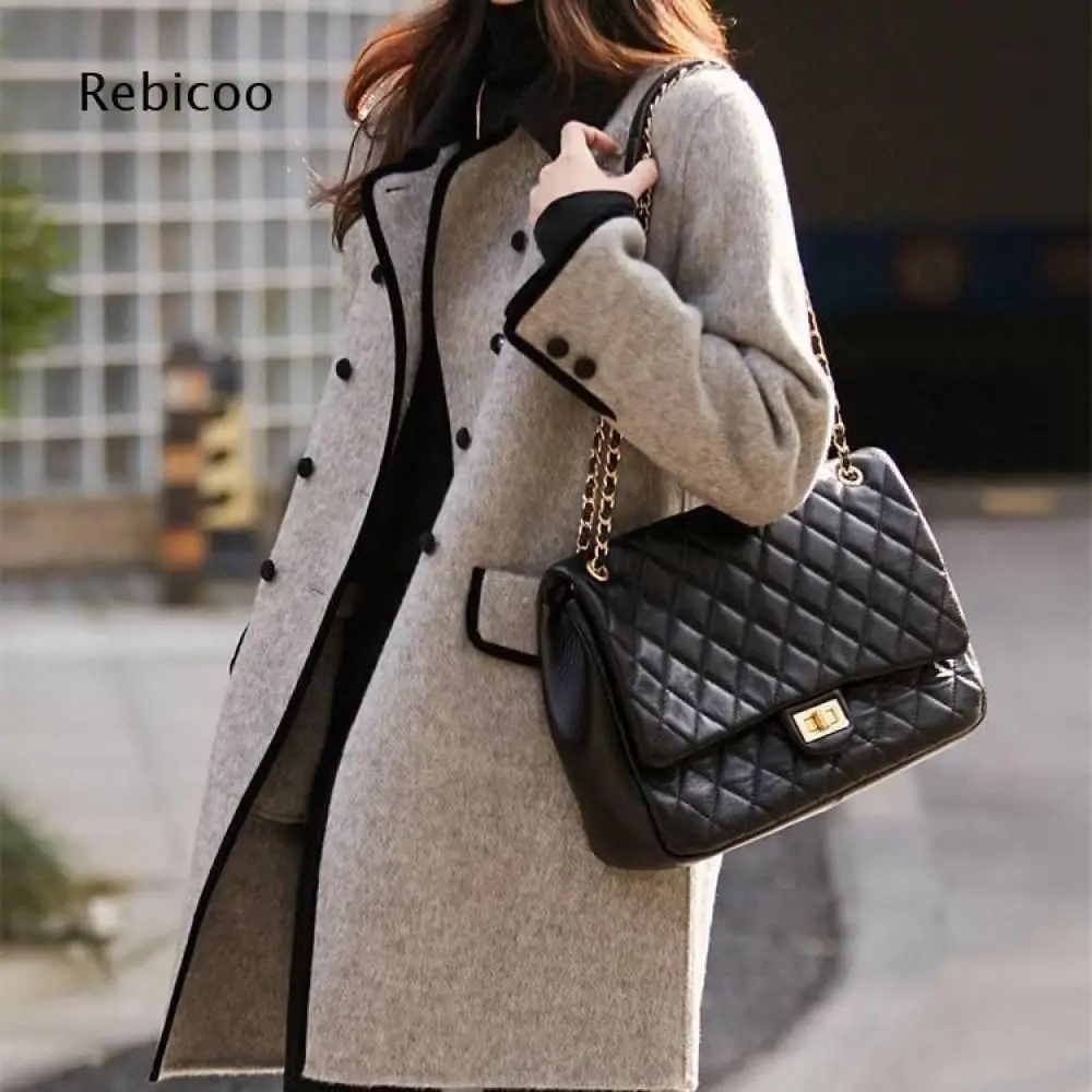 Solid Tone Women Mid Length Outer Coat Contrast Trim Lapel Double Breasted Long Sleeve Loose Silhouette Daily Outer Garment
