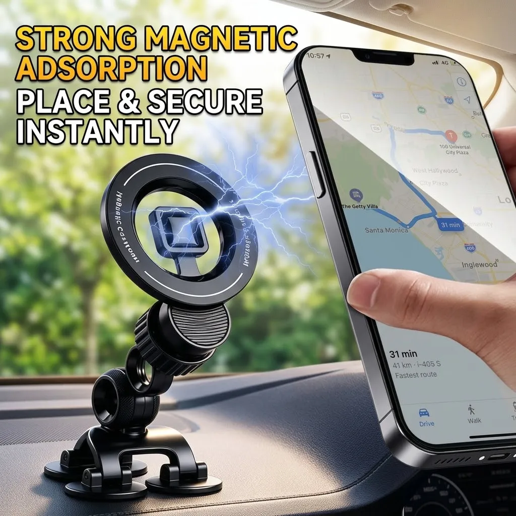 Magnetic Car Phone Holder Stick On Curved Dashboard Mount 3 Flexible Base Pads Multi Joint Folding GPS Navigation Bracket