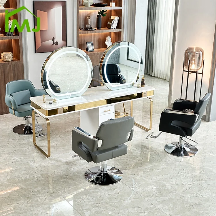 Beauty Salon Hair Dressing LED Mirror Makeup Station 4 Person Round Mirror Table