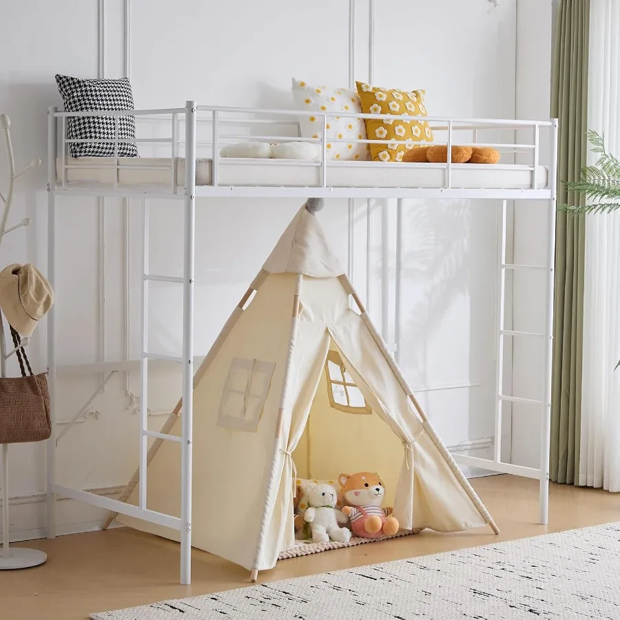 Loft Bed Full Size Loft with 2 Stairs DesignSpaceSaving Double Bed for Teens Adults Heavy Duty Metal Square Slat No Box Spring