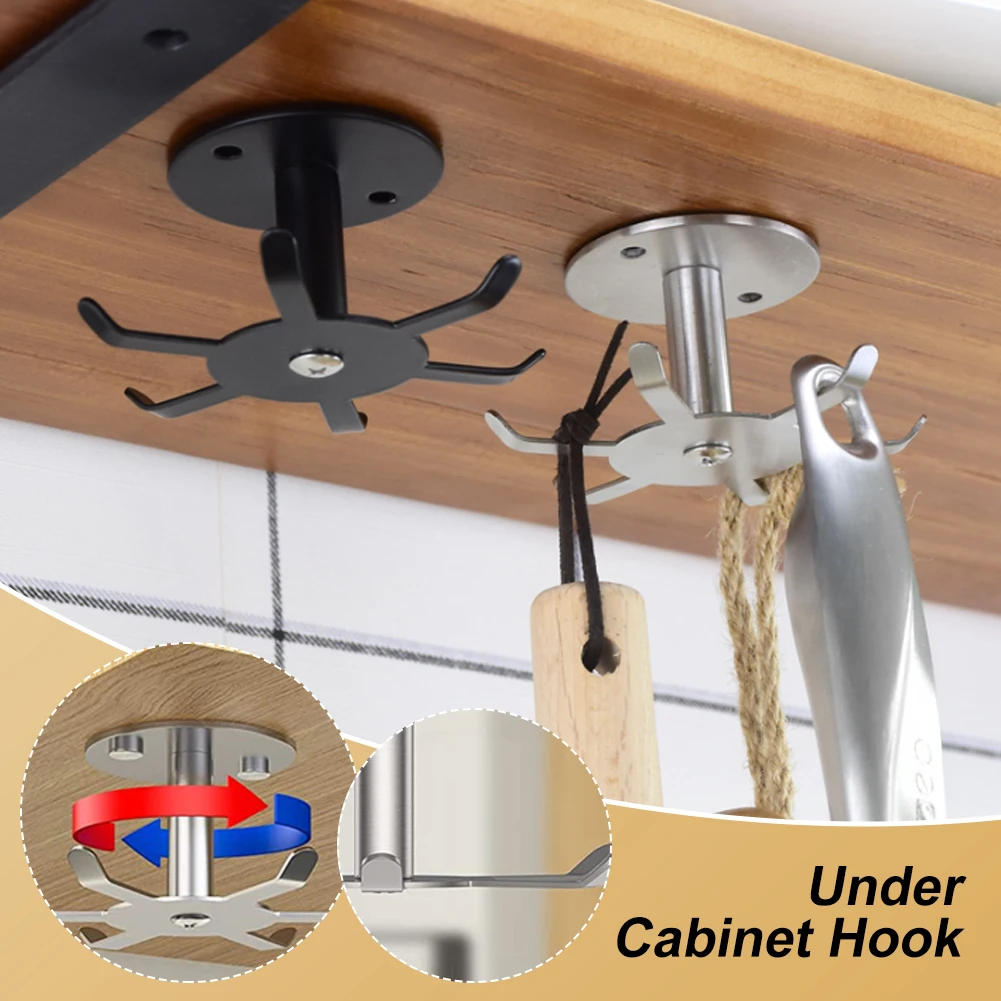 Stainless Steele Under Cabinet Hook Rotating Kitchen Utensil Holder 6 Hooks Utensil Hanging Rack with Screw for Kitchen Bathroom