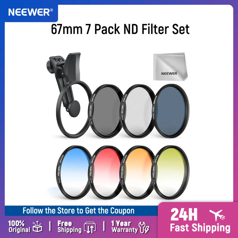 

NEEWER 67mm 7 Pack ND Filter Set for Android Samsung Google Pixel Huawei Xiaomi Clip On Red/Orange/Yellow/Blue Camera Lens Kit