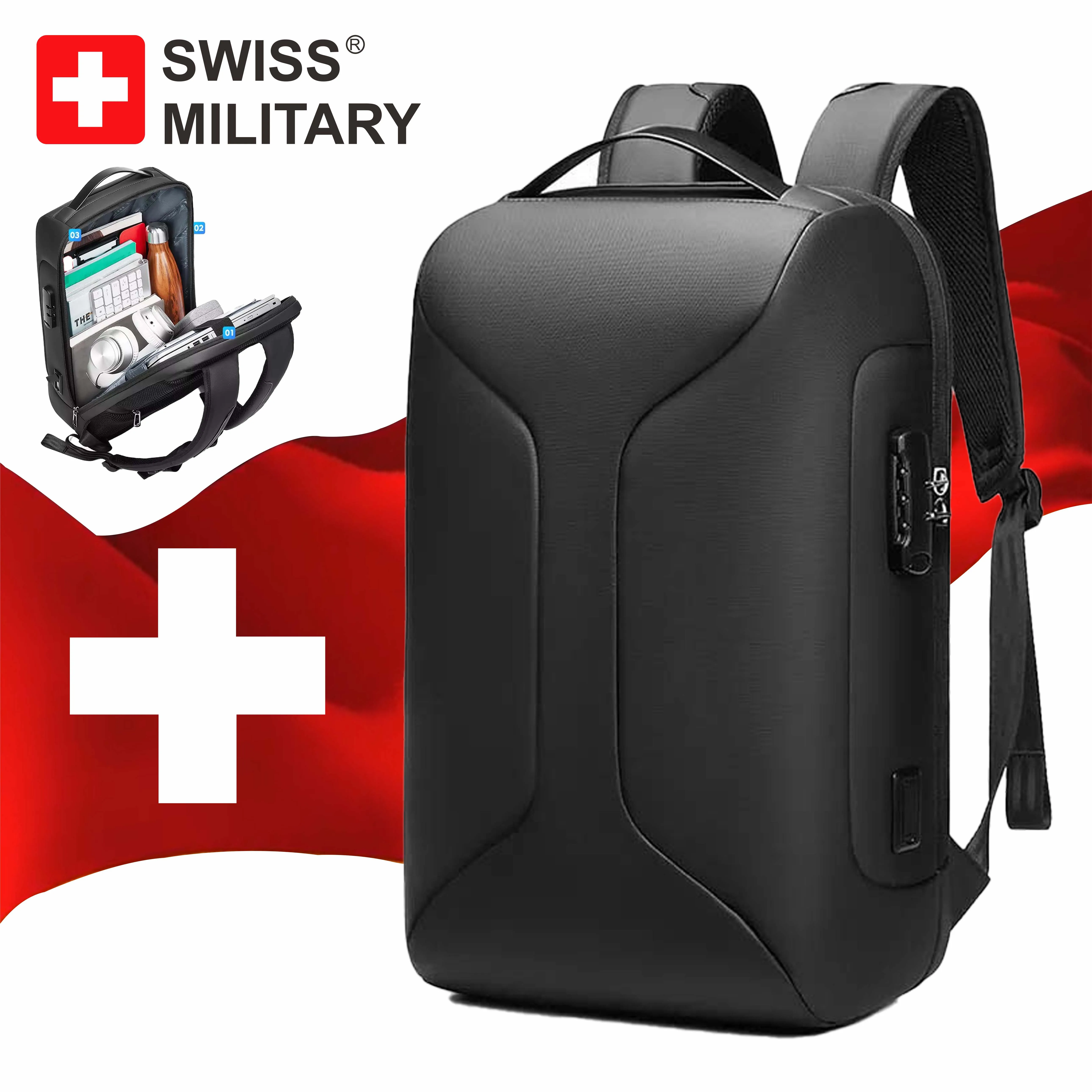 SWISS MILITARY Men\'s Backpacks Business Commuter Backpack Large Capacity Waterproof Backpack 15.6 Inch Laptop Expandable Usb Bag