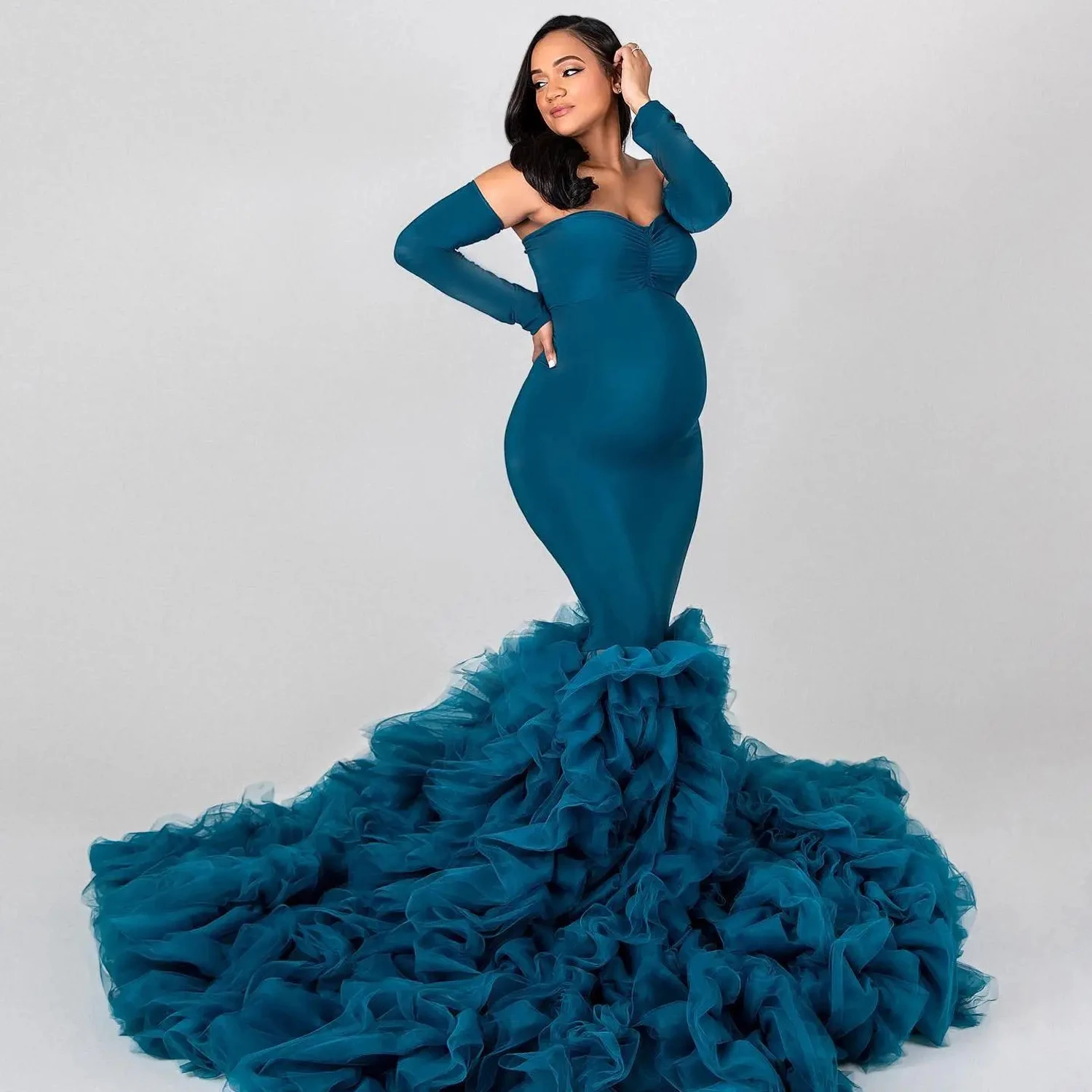 Teal Blue Mermaid Maternity Dress Sexy Spandex Baby Shower Dresses 2025 for Photo Shoot Off Shoulder Sweetheart Suknie ciążowe