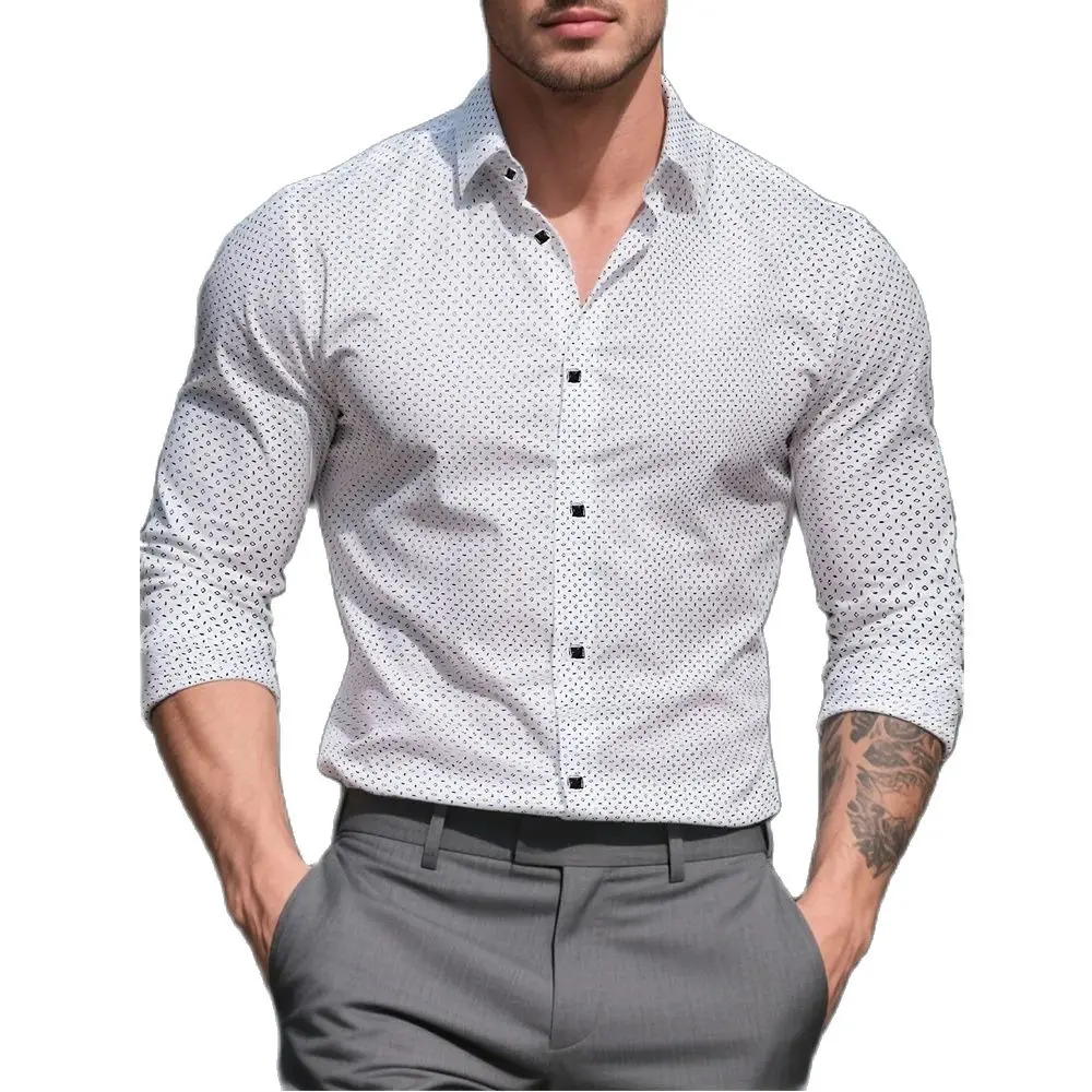 

2025 новые мужские белые рубашки, модные деловые рубашки в горошек с длинным рукавом, повседневная уличная одежда, мужская эластичная рубашка