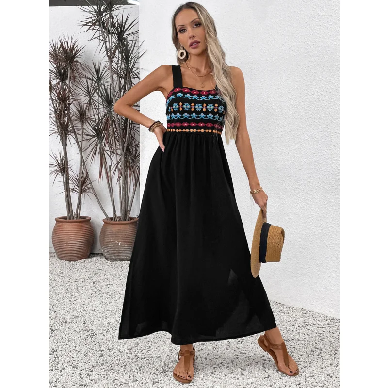 

2025 Spring Summer New Sleeveless Strap Long Dress Ethnic Style Floral Embroidery Patchwork Women's Dress N001