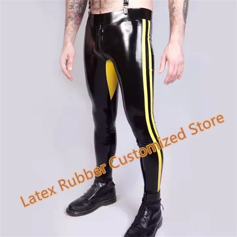 Handmade Latex Man Pants with Front Zipper Black with Yellow Trim Gummi 0.4mm Rubber Jeans Customize Plus Size