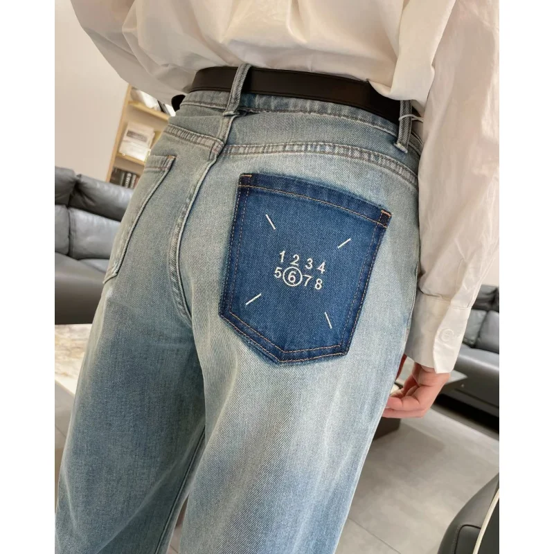 Women Blue Jeans Fashion Trousers Number Vintage High Waist Wide Leg Y2K Europe and America Baggy Summer Straight Denim Pants