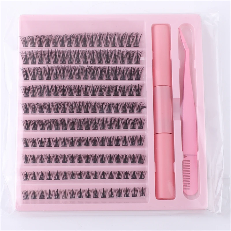 Atacado 10 linhas d curl comprimento misto 10mm-16mm segmento diy cílios postiços conjunto de pinças de cola de cabeça dupla