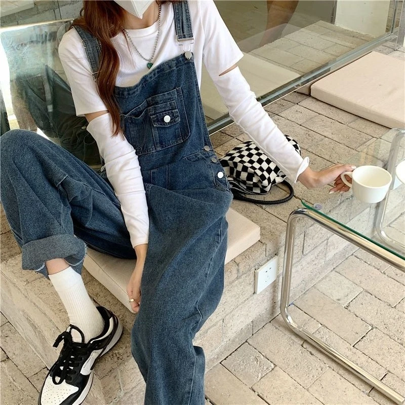 

Повседневный джинсовый комбинезон-полукомбинезон для женщин в корейском стиле, молодежный, больших размеров, с широкими штанинами, для весны и осени