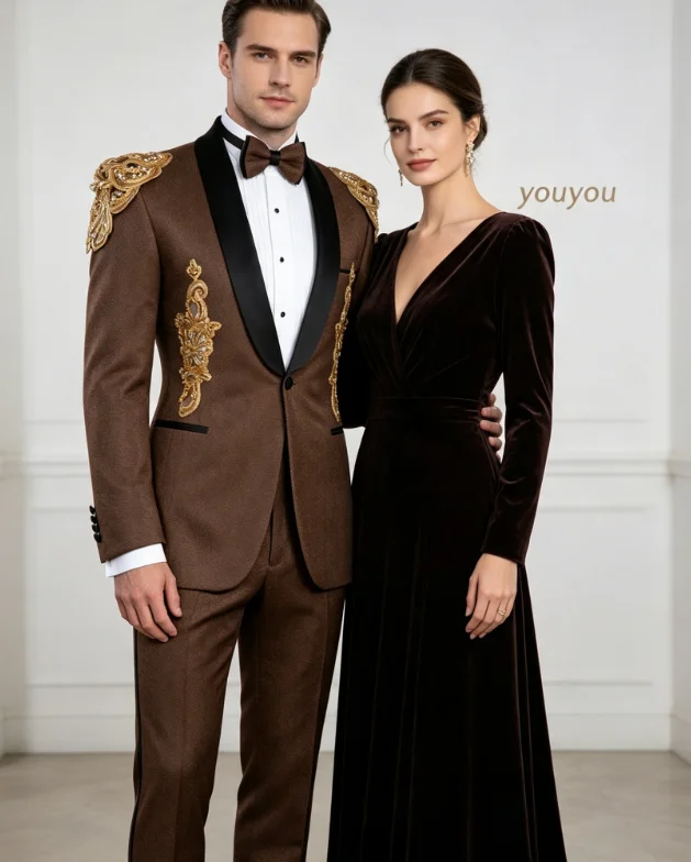 Magnificent Embroidery Decal Luxuly Men Suits Slim Fit Shawl Lapel Groom Tuxedos 2 Pieces Sets Classic Male Blazers Ropa Hombre