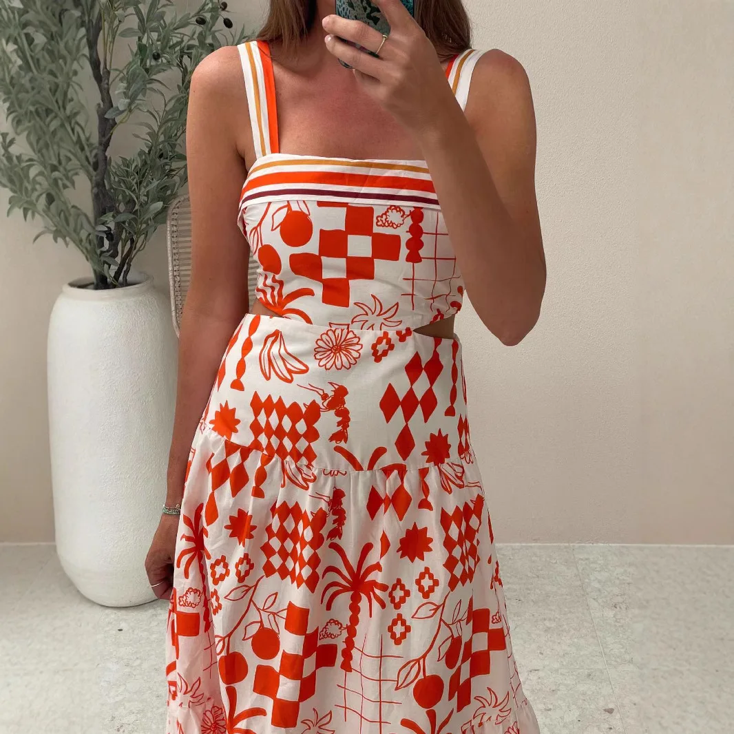 Robe d'été pour femmes, nouveau tempérament européen et américain, couleur contrastée, imprimé à bretelles