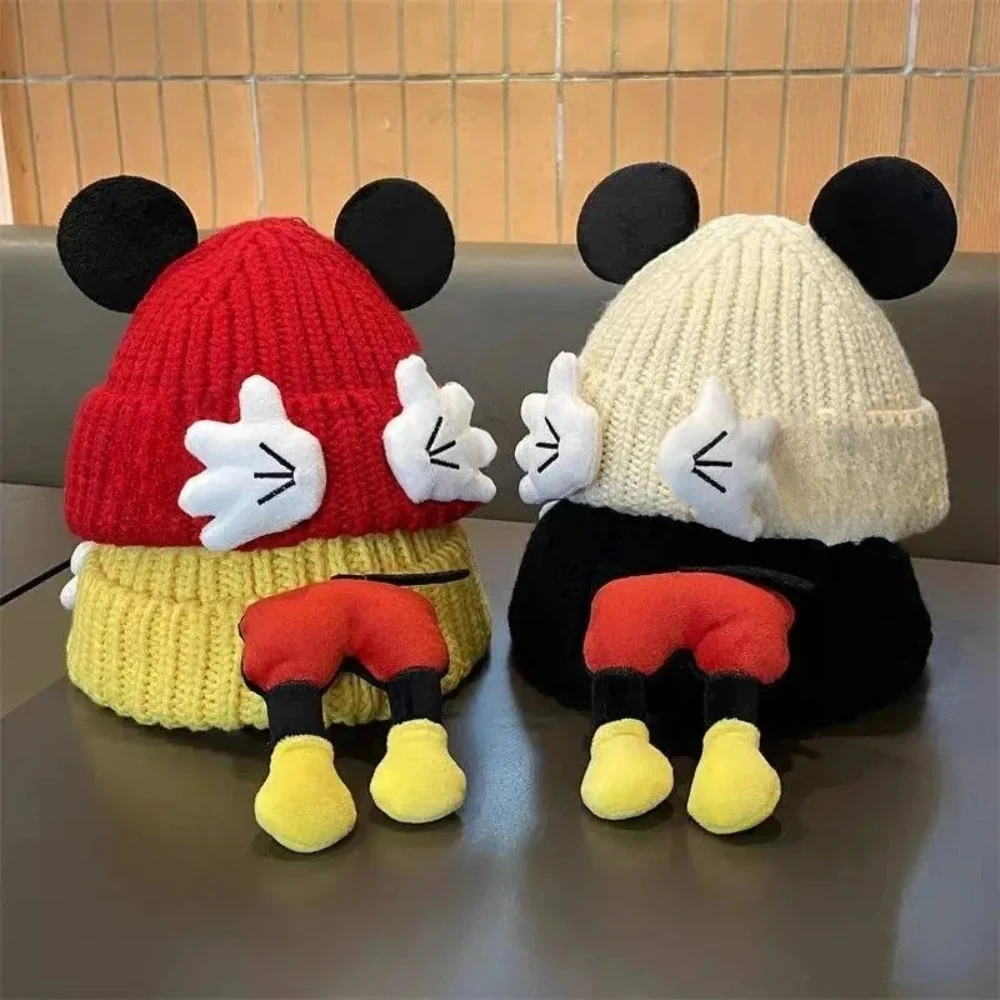 Chapeau tricoté Disney Mickey Mouse avec oreilles, mignon chapeau Hip Hop Mickey Mouse avec motif de dessin animé, chapeau d'hiver chaud et coupe-vent