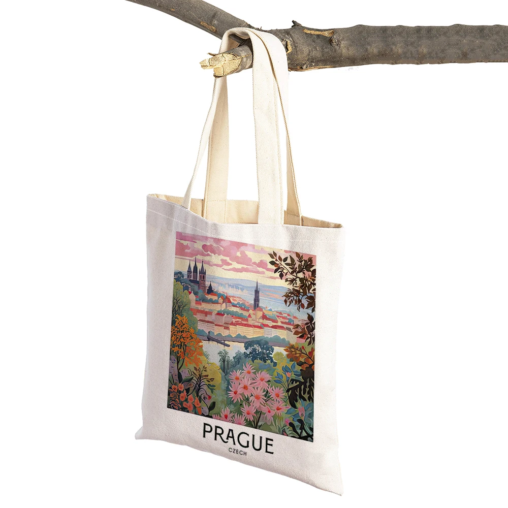 Vintage Lemon Landscape Shopper Bag Prague London Santorini Women Shopping Bags Double Print Linen Handbags Shoulder Lady Tote